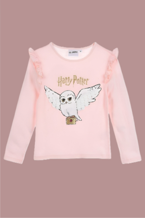 Magisk Harry Potter Pige-Bluse – med Guldglitter & Hedwig Print
