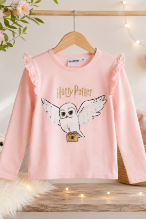 Magisk Harry Potter Pige-Bluse – med Guldglitter & Hedwig Print