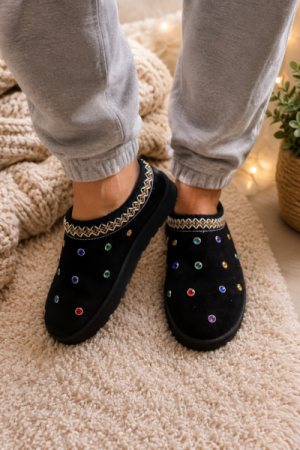 Smukke Hjemmesko med Glitter Sten og Gummi Sål – Komfort og Elegance