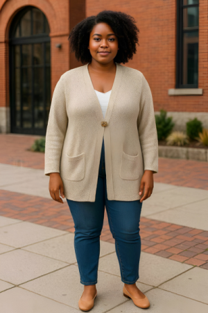 Hyggelig cardigan med elegant guldbroche