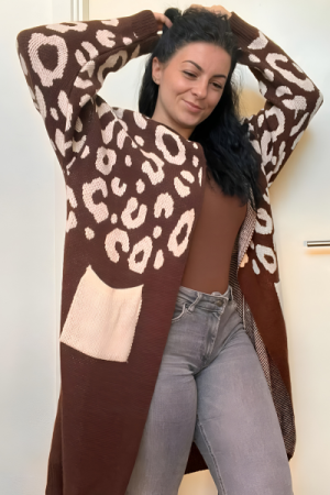 Leopard strik-cardigan med hætte & lommer