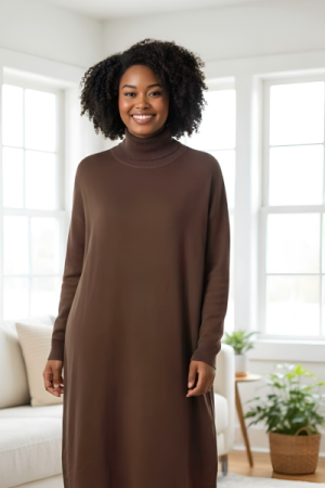 Strikkjole med rullekrave – afslappet elegance i brun og beige