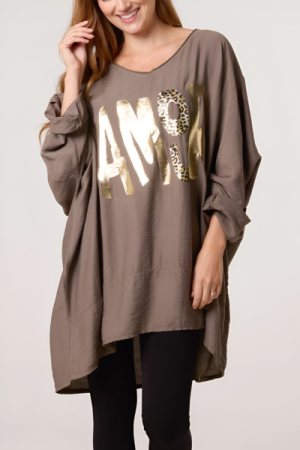 💖 Oversize “Amour” Langærmet Bluse med V-udskæring og Folieprint