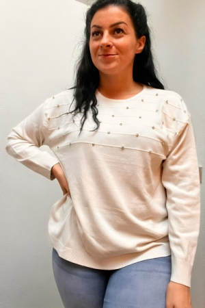 Blød Strik med Perledetaljer – Onesize (Beige / Sort)