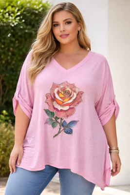 Tunika med glitter blomst - Plussize