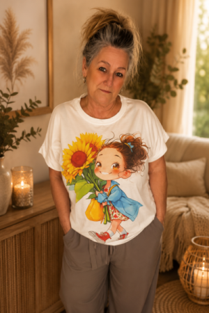 T-shirt med print - pigen med solsikke