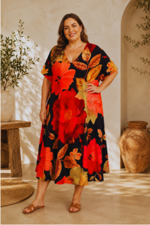 Scarlet Bloom Kjole - Onesize Plus