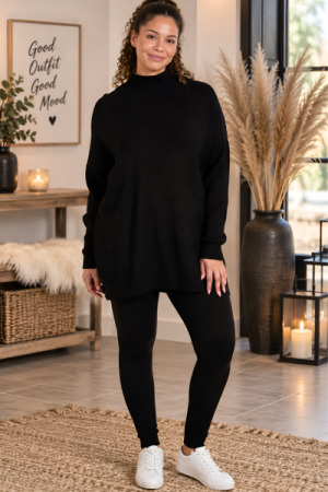 Ribstrikket Højhalset Jumper & Strikleggings Sæt – Tidløs Komfort & Luksus