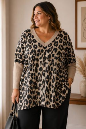 Sofia Leopard oversized Strik Sweater Beige